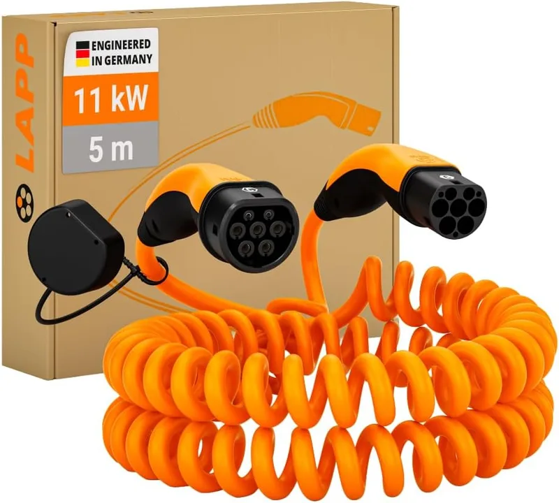 Lapp ▫️ Mobility Cabo de Carregamento para VE Tipo 2 - Cabo em espiral 11 kW, 20 A, trifásico, resistente ao pó e à água (IP55), flexível, compatível com todos os veículos elétricos e híbridos europeus, 5 m, preto