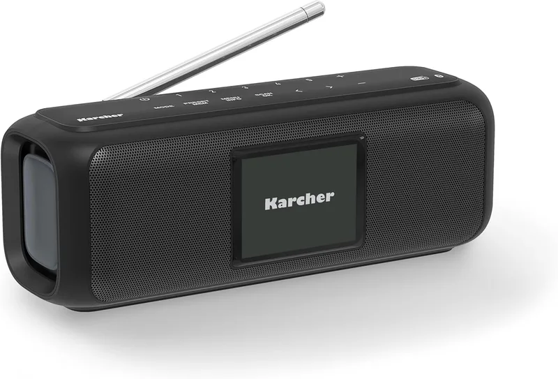 Karcher ▫️ Dab Go - Altifalante portátil Bluetooth e rádio digital DAB+ / FM com ecrã a cores de 2,4 polegadas / despertador / som estéreo de 5 W / USB-C / bateria, cor preta