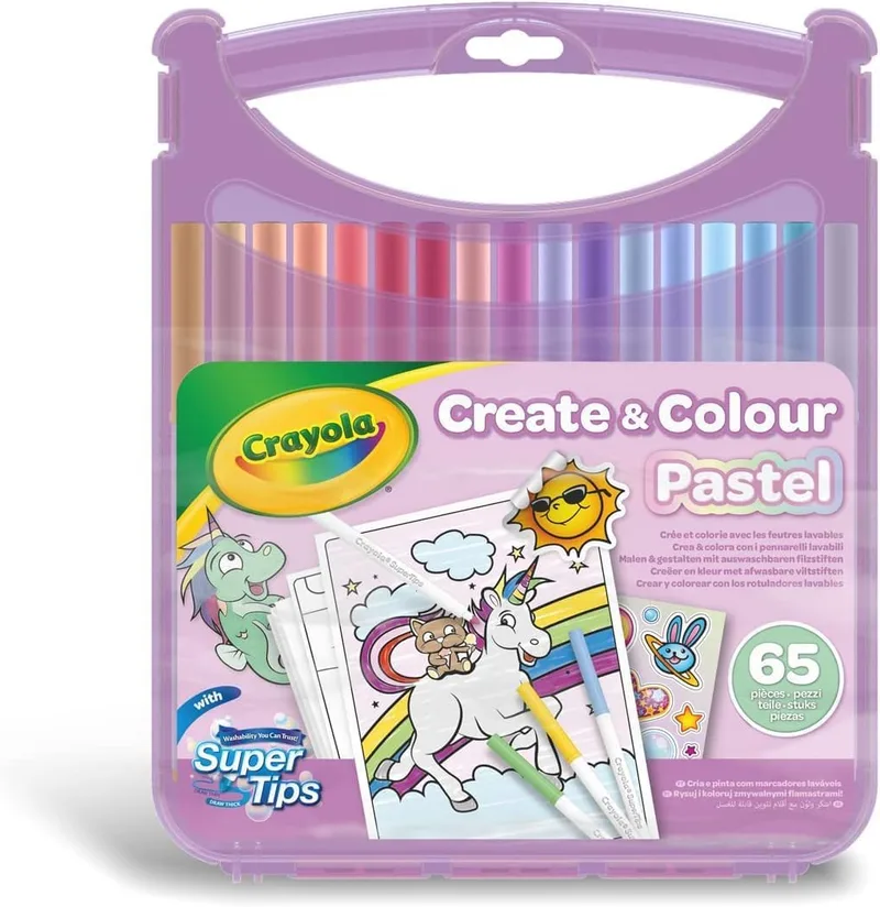 CRAYOLA ▫️ Pastel - Conjunto de marcadores laváveis SuperTips, 65 unidades, cores pastel variadas, atividade criativa e presente para crianças a partir dos 4 anos