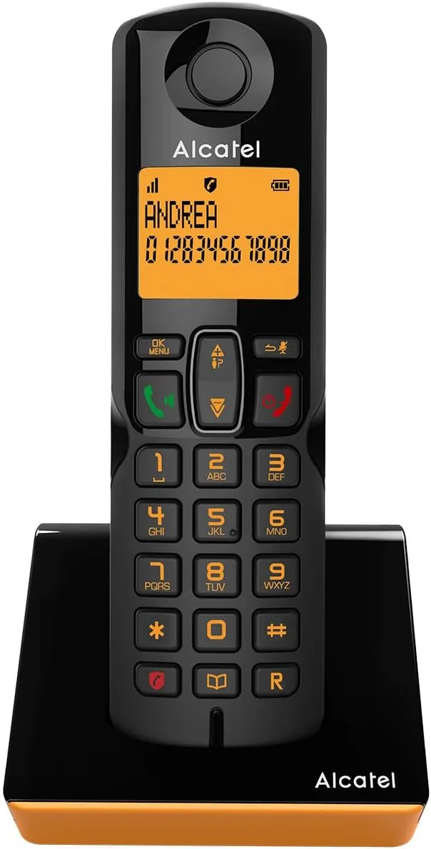 Alcatel ▫️ S280 - Telefone sem fios DECT - Design compacto - Visor grande retroiluminado - Mãos livres - Bloqueio de chamadas - Lista telefónica 50 contactos - Preto/Laranja