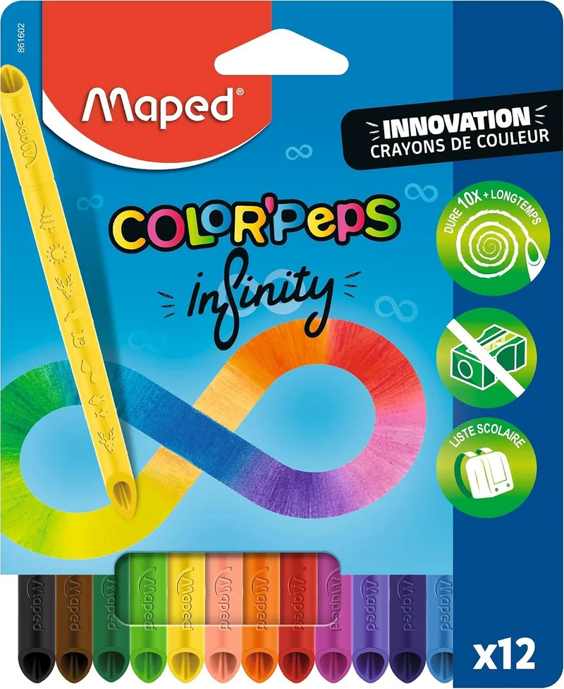 Maped ▫️ Color'Peps Infinity - Lápis de cor (100% mina, 100% utilizável, sem resíduos, sem necessidade de afiar, longa durabilidade, formato triangular ergonómico, embalagem com 12 lápis)