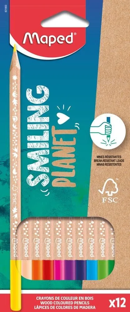 Maped ▫️ Lápis de cor - Coleção Smiling Planet - Estuche com 12 unidades - Minas resistentes - Design lúdico - Fabricados com fibra de madeira sustentável