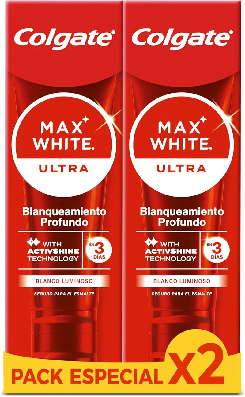 Colgate ▫️ Max White Pasta de dentes branqueadora em espuma ultra-ativa com flúor, embalagem de 2x75ml, pasta de dentes branqueadora segura para o esmalte, remove manchas profundas*.