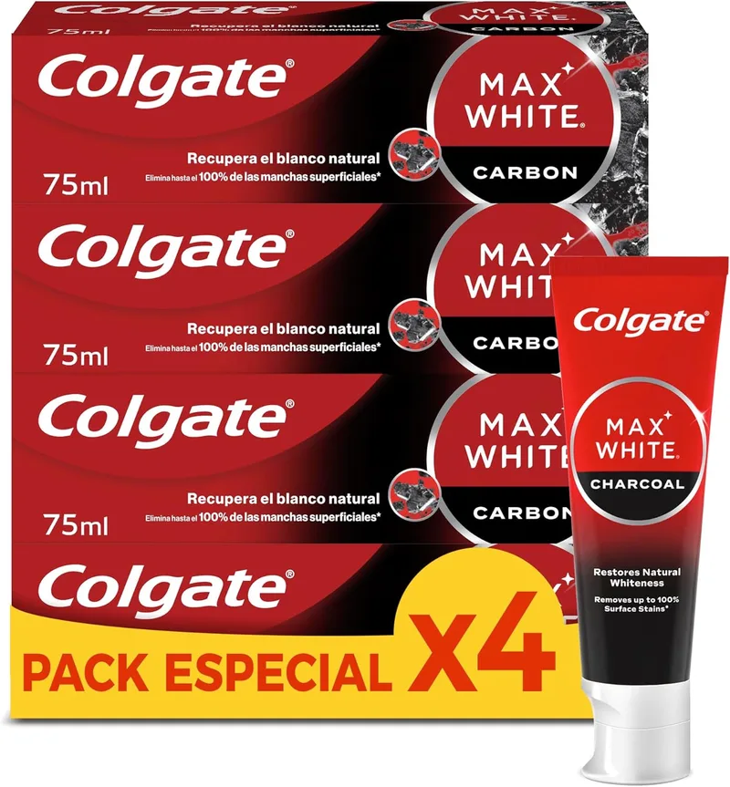 Colgate ▫️ Pasta de dentes Max White Charcoal 4 x 75 ml - Pasta de dentes com carvão ativado