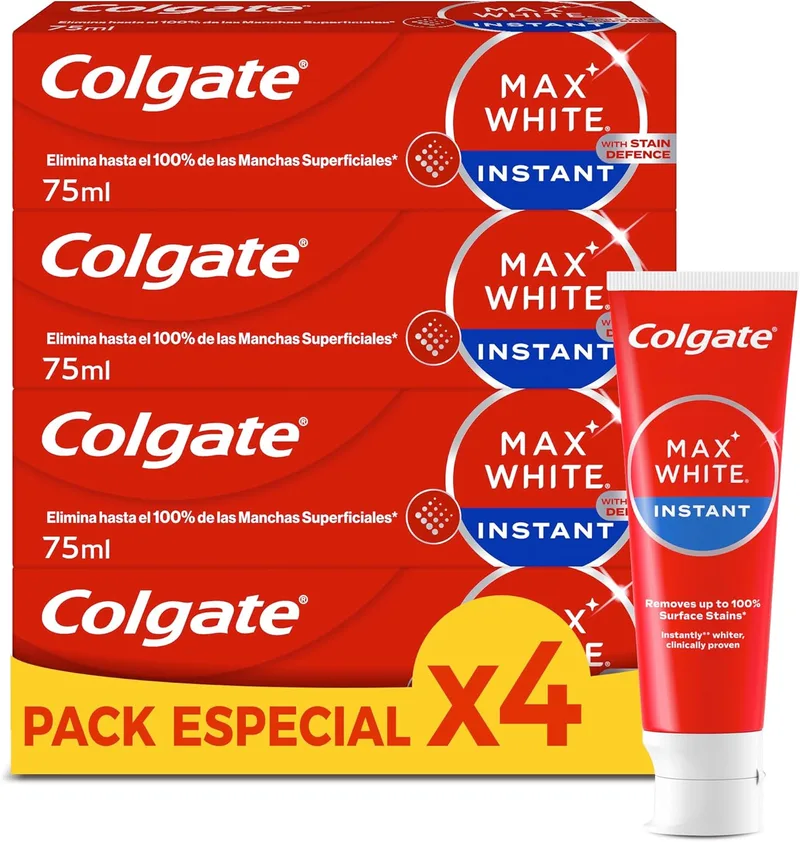 Colgate ▫️ Max White Pasta de Dentes Instantânea 4 x 75ml : remove 100% das manchas superficiais, tecnologia de correção ótica da cor branqueia instantaneamente, segura para o esmalte