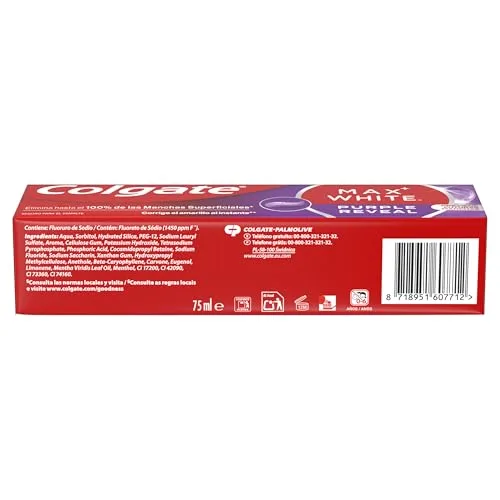 Colgate ▫️ Pasta de dentes branqueadora Max White Purple Reveal, 4 unidades x 75 ml, pasta de dentes branqueadora com tecnologia de correção ótica da cor, corrige instantaneamente* os tons amarelados 3