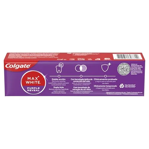Colgate ▫️ Pasta de dentes branqueadora Max White Purple Reveal, 4 unidades x 75 ml, pasta de dentes branqueadora com tecnologia de correção ótica da cor, corrige instantaneamente* os tons amarelados 4