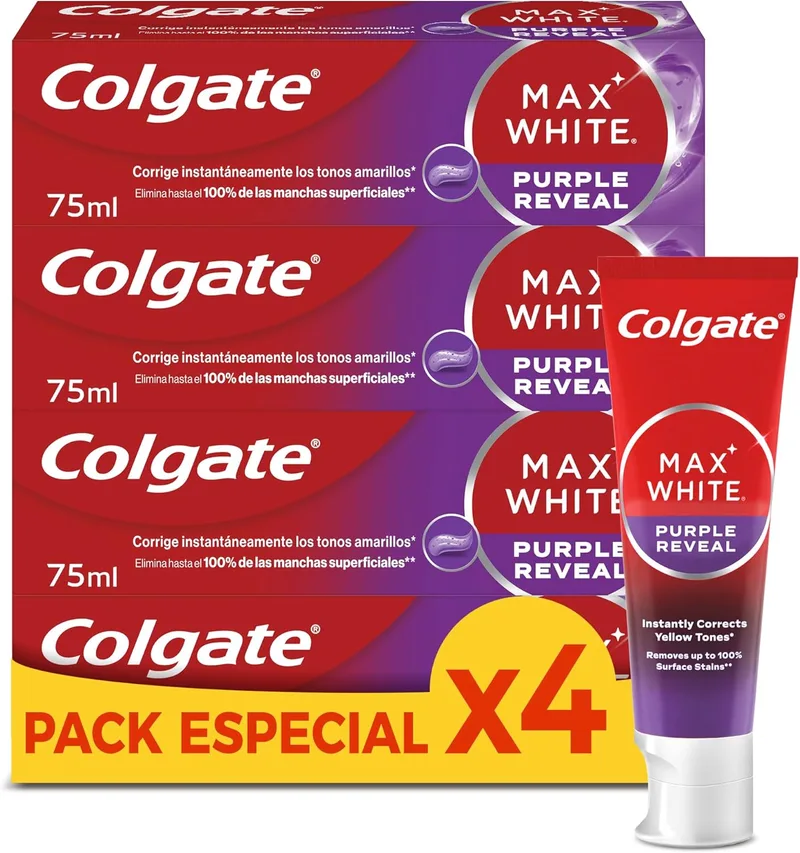 Colgate ▫️ Pasta de dentes branqueadora Max White Purple Reveal, 4 unidades x 75 ml, pasta de dentes branqueadora com tecnologia de correção ótica da cor, corrige instantaneamente* os tons amarelados