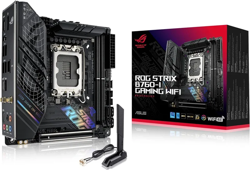 ASUS ▫️ ROG Strix B760-I Gaming WiFi - Placa-mãe Intel B760 (LGA 1700 Mini ITX, 8+1 DrMOS, DDR5 até 7600 MT/s, PCIe 5.0, Duas ranhuras M.2, WiFi 6E, USB 3.2 Gen 2x2 Type-C e Aura Sync RGB), Preto