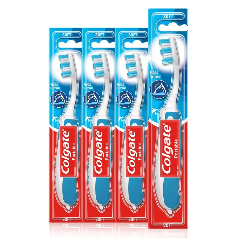 Colgate ▫️ Escova de dentes portátil e dobrável para viagem, suave, embalagem de 4 unidades