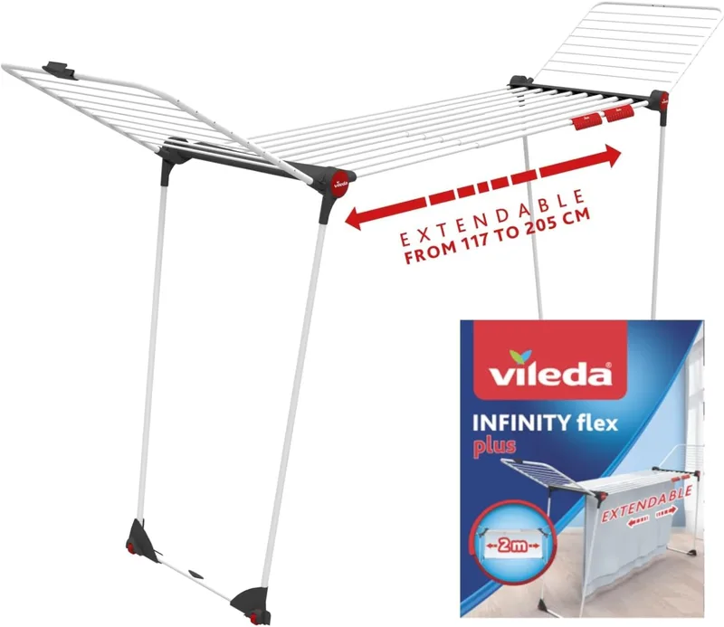 Vileda ▫️ Infinity Flex, estendal grande e extensível até 30 m, em aço e alumínio, com abas altas, já montado, com rodas