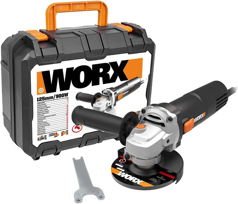 WORX ▫️ Esmeril angular WX718 de 900 W. Esmeril compacto com pega ajustável e pega adicional sem vibrações para lixar e cortar. Diâmetro do disco de 125 mm. Velocidade em marcha lenta de 12 000/m