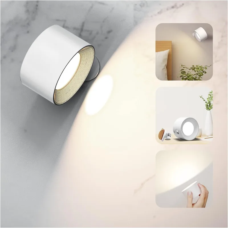 Coollamp ▫️ Candeeiro de parede LED, arandela de parede para interior com bateria recarregável, 3 modos de cor reguláveis, rotação de 360 graus, controlo tátil, luz de parede para leitura de cabeceira alimentada por bateria, branco