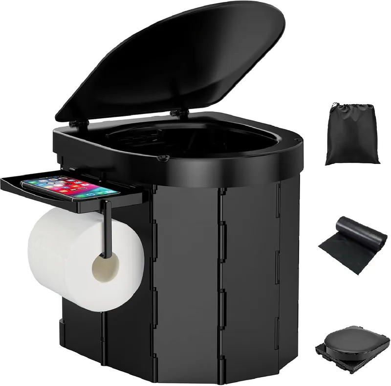 WADEO ▫️ Sanita portátil para acampar com cubo interior removível, sanita dobrável para adultos e crianças, penico dobrável com suporte para papel e forro, ideal para acampar, fazer caminhadas, viajar e pescar