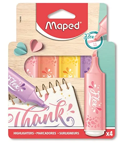 Maped ▫️ Material escolar - Marcadores Flex - Disponíveis em roxo, azul, verde e rosa - Cores pastel - Marcadores com ponta biselada flexível - Largura de traço de 1 a 5 mm 2