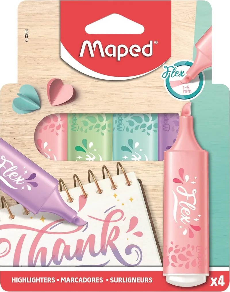 Maped ▫️ Material escolar - Marcadores Flex - Disponíveis em roxo, azul, verde e rosa - Cores pastel - Marcadores com ponta biselada flexível - Largura de traço de 1 a 5 mm