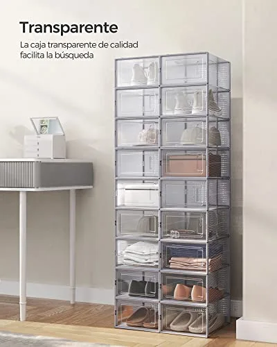 SONGMICS ▫️ Caixas de sapatos em plástico, conjunto de 18 organizadores de arrumação, caixa de sapatos em plástico dobrável e empilhável para sapatilhas até ao tamanho 44, transparente e cinzenta LSP006G18 3