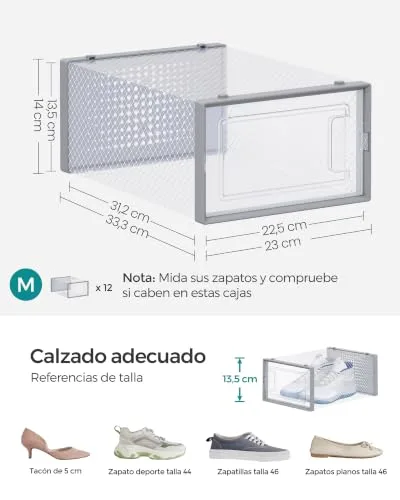 SONGMICS ▫️ Caixas de sapatos em plástico, conjunto de 18 organizadores de arrumação, caixa de sapatos em plástico dobrável e empilhável para sapatilhas até ao tamanho 44, transparente e cinzenta LSP006G18 6