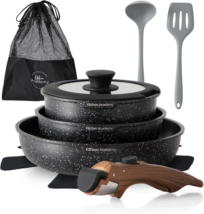 Kitchen Academy ▫️ Conjunto de panelas de 8 peças com tampa de vidro, revestimento de mármore, antiaderente, panelas de indução, pega de vidro, cor preta