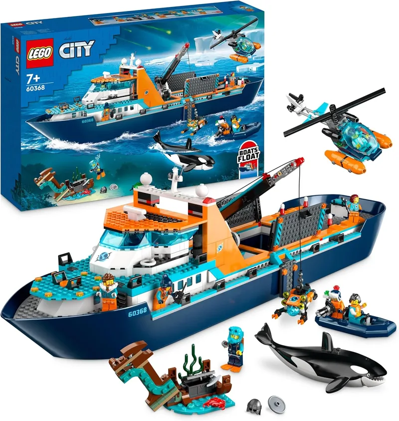 LEGO ▫️ 60368 City Navio de Exploração do Ártico, Grande Barco de Brincar que Flutua com Helicóptero, Submarino, Naufrágio Viking, Minifiguras e uma Figura de Orca, Presente para Meninos e Meninas a partir dos 7 Anos