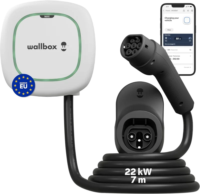 Wallbox ▫️ Pulsar Max 22 kW - Carregador para carro elétrico de 32 A - Cabo de 5 metros - Carregador EV Tipo 2 - Estação de carregamento para veículos elétricos com Wi-Fi e Bluetooth - Cabo de carregamento para interior e exterior - Branco