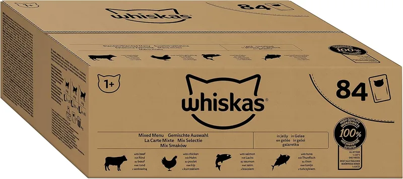 Whiskas ▫️ Ração para Gatos – 84 saquetas de frescura de 85 g – Patê para gatos adultos em gelatina – Conjunto misto (4 variedades) – Ração húmida completa e equilibrada, 84 x 85 g