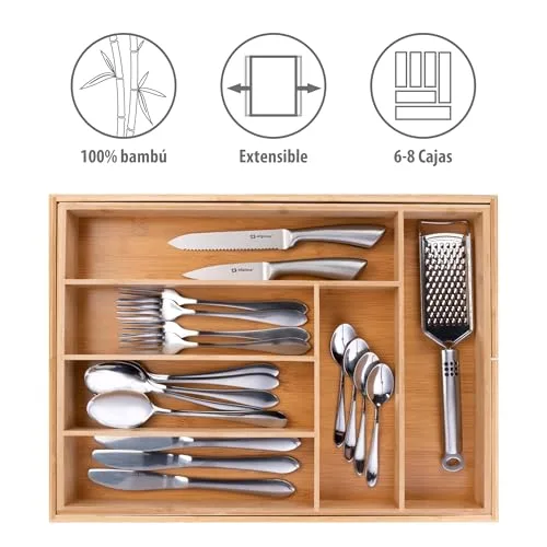 alpina ▫️ Organizador de gavetas - Organizador de talheres para gaveta de cozinha extensível 46x34-56,5x6 cm - Caixa organizadora para utensílios com até 8 compartimentos - Para utensílios de cozinha, óculos de sol e muito mais - Bambu 3