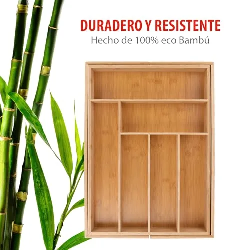 alpina ▫️ Organizador de gavetas - Organizador de talheres para gaveta de cozinha extensível 46x34-56,5x6 cm - Caixa organizadora para utensílios com até 8 compartimentos - Para utensílios de cozinha, óculos de sol e muito mais - Bambu 5