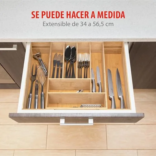 alpina ▫️ Organizador de gavetas - Organizador de talheres para gaveta de cozinha extensível 46x34-56,5x6 cm - Caixa organizadora para utensílios com até 8 compartimentos - Para utensílios de cozinha, óculos de sol e muito mais - Bambu 6
