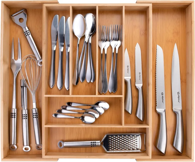 alpina ▫️ Organizador de gavetas - Organizador de talheres para gaveta de cozinha extensível 46x34-56,5x6 cm - Caixa organizadora para utensílios com até 8 compartimentos - Para utensílios de cozinha, óculos de sol e muito mais - Bambu