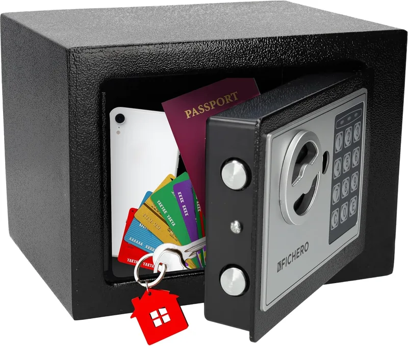 Silvergear ▫️ Cofre pequeno ® com código | Cofre eletrónico com fechadura digital | Cofres de 3 a 8 dígitos | Cofre grande em aço com 2 chaves | 17 x 23 x 17 cm | Preto