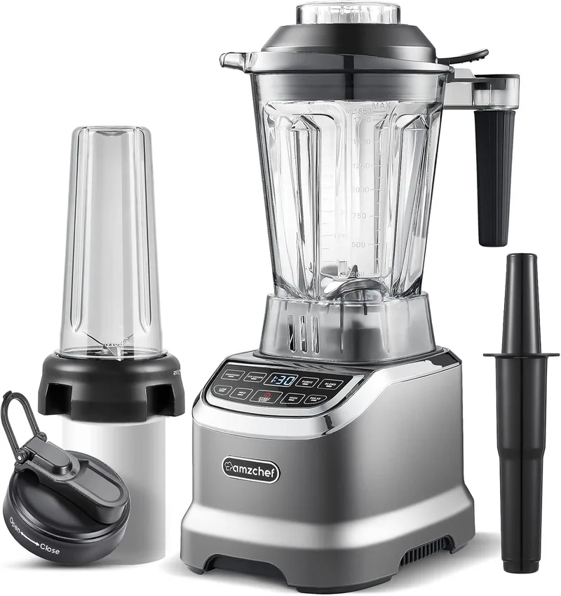 AMZCHEF ▫️ 1800W Liquidificador de vidro 2 em 1, liquidificador profissional de smoothie de 1,85L com 6 lâminas, liquidificador único BPA de 1,85L 600ml e 600ml para 2 modos de mistura