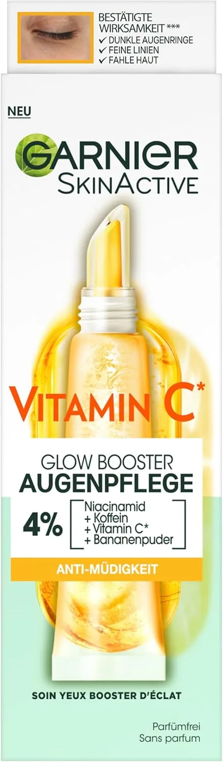 Garnier ▫️ Creme de olhos antifatiga com vitamina C, para uma zona radiante e revigorada, contra olheiras e rugas de expressão, cuidado dos olhos Glow Booster, SkinActive, 1 x 15 ml