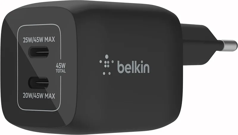 Carregador de parede Belkin Dual USB Type-C 45W, Fast Charge 3.0 com tecnologia GaN, carregador USB para iPhone 16, 15, 14, 13, iPad Pro, Air, MacBook, Samsung Galaxy S24, S23, Google Pixel, preto