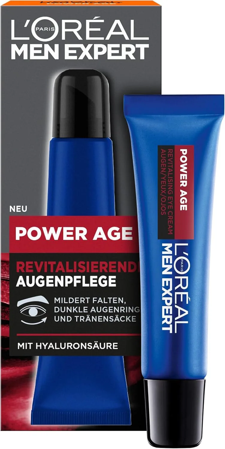 L'Oreal Paris Men Expert ▫️ L'Oréal Men Expert Creme de olhos antirrugas para homem, cuidado anti-idade para a pele cansada e baça, hidratante para homem com ácido hialurónico, Power Age, 1 x 15 ml