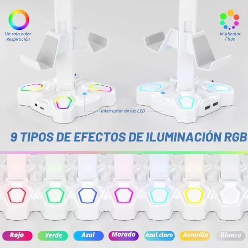 KDD ▫️ Suporte para auscultadores de jogos Led com 2 portas de carregamento USB e 1 porta Type-C 3