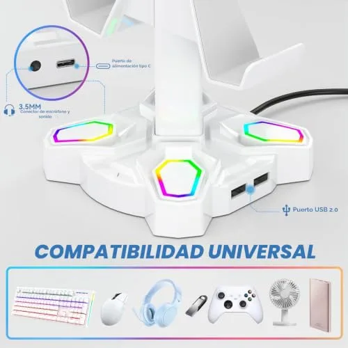 KDD ▫️ Suporte para auscultadores de jogos Led com 2 portas de carregamento USB e 1 porta Type-C 4