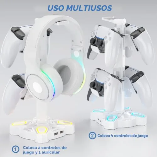 KDD ▫️ Suporte para auscultadores de jogos Led com 2 portas de carregamento USB e 1 porta Type-C 6