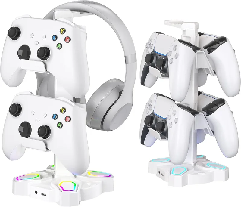 KDD ▫️ Suporte para auscultadores de jogos Led com 2 portas de carregamento USB e 1 porta Type-C
