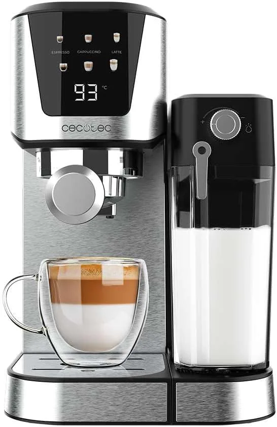 Cecotec ▫️ Cafeteira semi-automática Power Espresso 20 Cream, 20 Barras, Aquecimento por termobloco, Adequada para café moído, Espresso, Cappuccino e Latte, Ecrã tátil, Depósito de leite 700ml e Água 1L