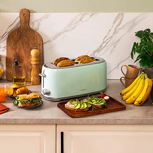 Cecotec ▫️ Torradeira Toast&Taste 1600 Retro Double Green para 4 fatias. 1630 W, 2 ranhuras largas (3,8 cm) e compridas, aço inoxidável, hastes superiores, potência regulável, tabuleiro recolhedor de migalhas 2
