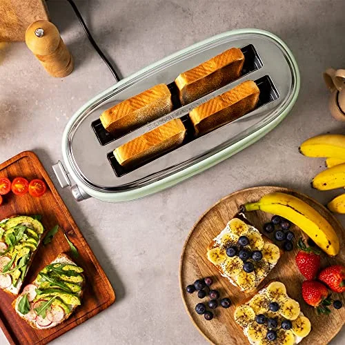 Cecotec ▫️ Torradeira Toast&Taste 1600 Retro Double Green para 4 fatias. 1630 W, 2 ranhuras largas (3,8 cm) e compridas, aço inoxidável, hastes superiores, potência regulável, tabuleiro recolhedor de migalhas 3