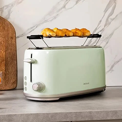 Cecotec ▫️ Torradeira Toast&Taste 1600 Retro Double Green para 4 fatias. 1630 W, 2 ranhuras largas (3,8 cm) e compridas, aço inoxidável, hastes superiores, potência regulável, tabuleiro recolhedor de migalhas 4