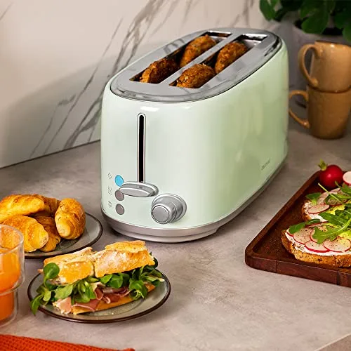Cecotec ▫️ Torradeira Toast&Taste 1600 Retro Double Green para 4 fatias. 1630 W, 2 ranhuras largas (3,8 cm) e compridas, aço inoxidável, hastes superiores, potência regulável, tabuleiro recolhedor de migalhas 5