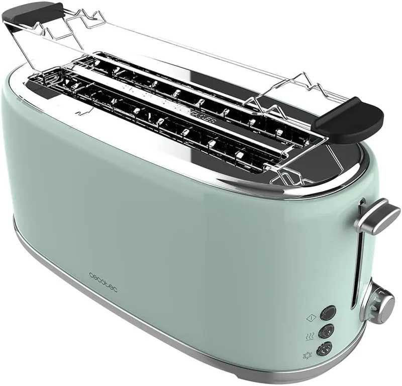 Cecotec ▫️ Torradeira Toast&Taste 1600 Retro Double Green para 4 fatias. 1630 W, 2 ranhuras largas (3,8 cm) e compridas, aço inoxidável, hastes superiores, potência regulável, tabuleiro recolhedor de migalhas