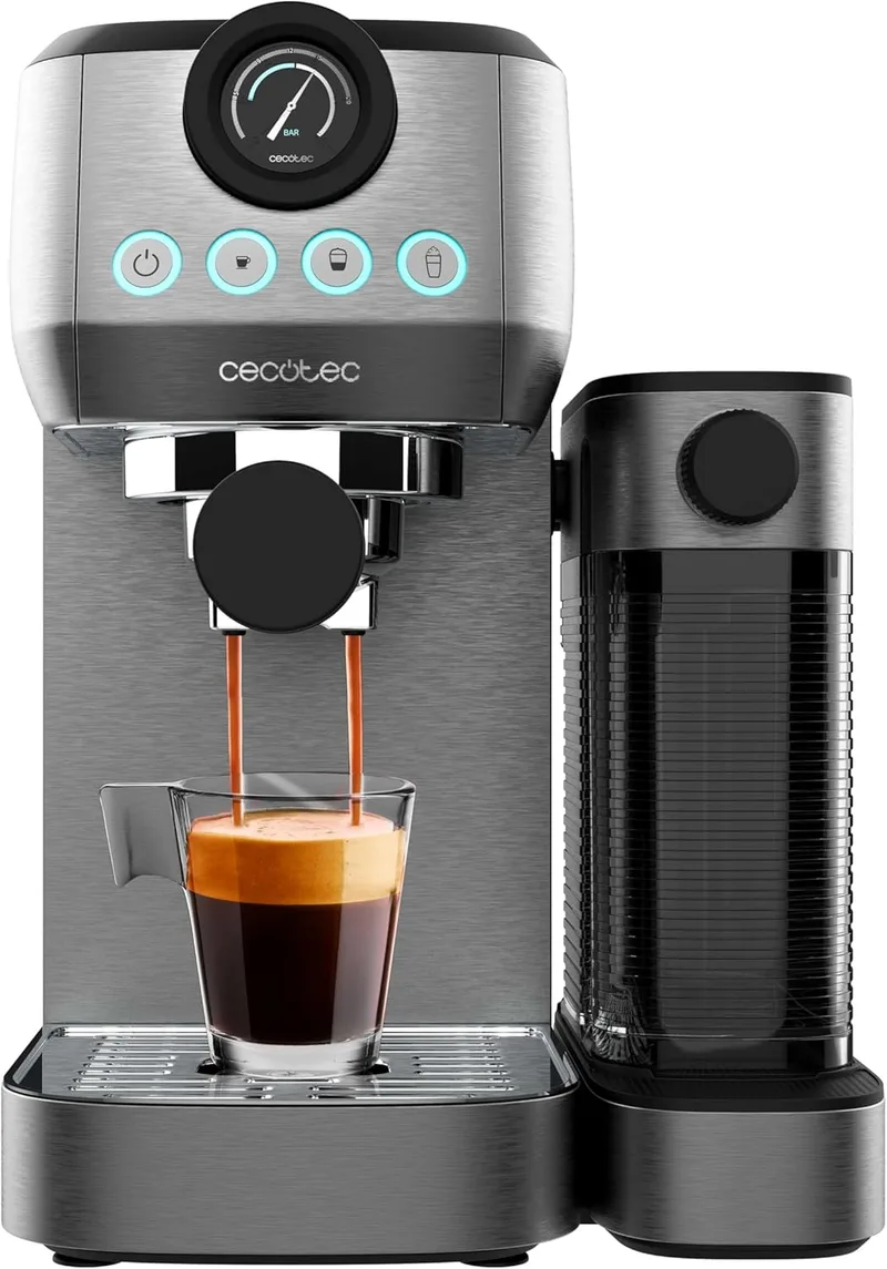 Cecotec ▫️ Cafeteira Semiautomática Power Espresso 20 Steel Pro Latte. 1350 W, Thermoblock, ForceAroma de 20 bar, Depósito de leite completo, Cappuccino instantâneo, Tabuleiro de aquecimento de chávenas, Braço duplo
