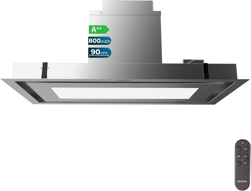 Cecotec ▫️ Exaustor Bolero Flux Tir 908000, de 90 cm, para encastrar no teto, em aço inoxidável, classe energética A++. Acabamento em aço inoxidável, capacidade de sucção de 800 m³/h, comando à distância, filtro de carvão, booster