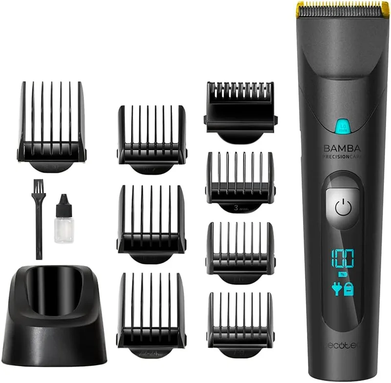 Cecotec ▫️ Cortador de cabelo Bamba PrecisionCare Wet&Dry. Bateria de lítio, autonomia de 120 minutos, lâminas de aço inoxidável com revestimento de titânio, IPX6, modo com fio, inclui 8 pentes