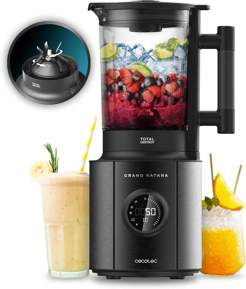 Cecotec ▫️ Glass Blender Grand Katana 2700MAX Total Destroy Screen B. Potência máxima de 2700 W, ecrã digital, 8 lâminas com revestimento de titânio preto, jarro de vidro fundido de 1,8 L