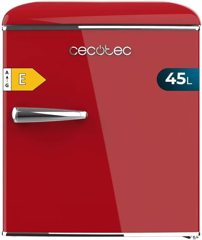 Cecotec ▫️ Mini-frigorífico Retro de mesa 45 L Bolero CoolMarket TT Origin 45 Vermelho. 55 cm de altura e 44,7 cm de largura, Classe Energética E, compartimento para gelo e puxador cromado, Vermelho